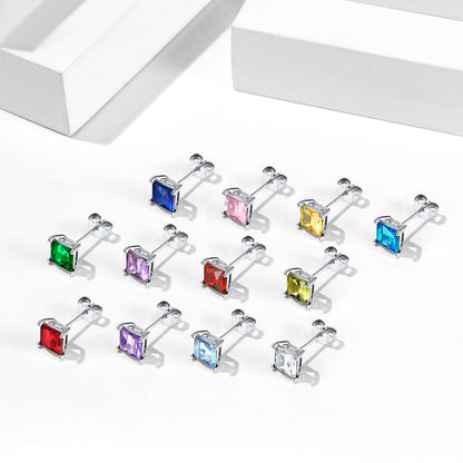 Sterling Silver Princess Cut Birthstone Stud Earrings Gift for Her