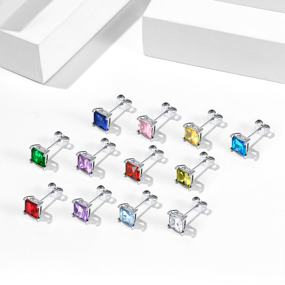Sterling Silver Princess Cut Birthstone Stud Earrings Gift for Her