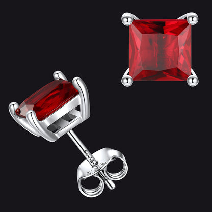 Sterling Silver Princess Cut Birthstone Stud Earrings Gift for Her