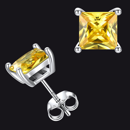 Sterling Silver Princess Cut Birthstone Stud Earrings Gift for Her