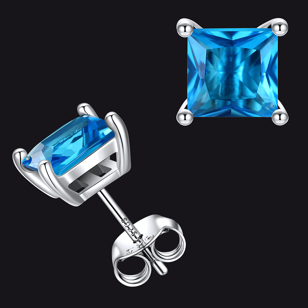 Sterling Silver Princess Cut Birthstone Stud Earrings Gift for Her