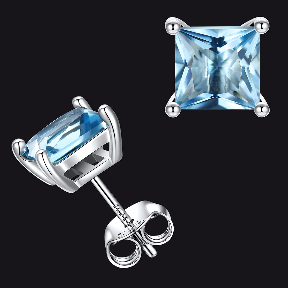 Sterling Silver Princess Cut Birthstone Stud Earrings Gift for Her