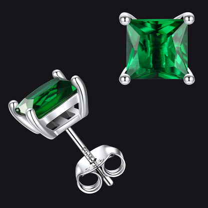Sterling Silver Princess Cut Birthstone Stud Earrings Gift for Her