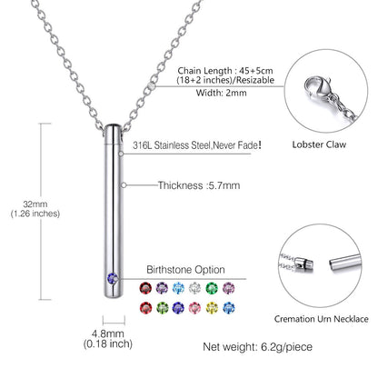 Personalized Bar Urn Necklace for Ashes With Birthstone Keepsake Memorial Jewelry