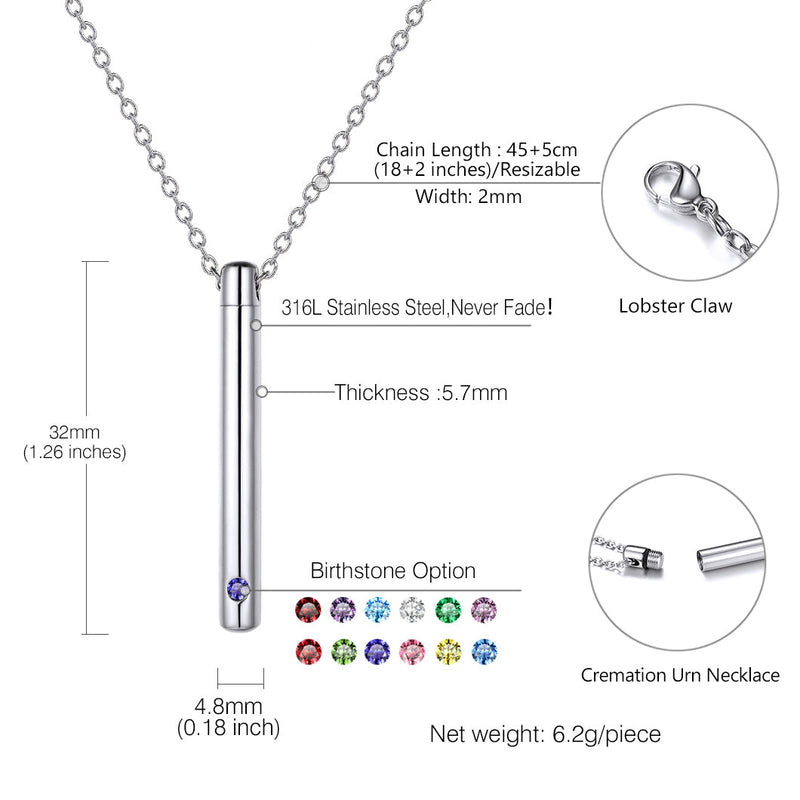 Personalized Bar Urn Necklace for Ashes With Birthstone Keepsake Memorial Jewelry