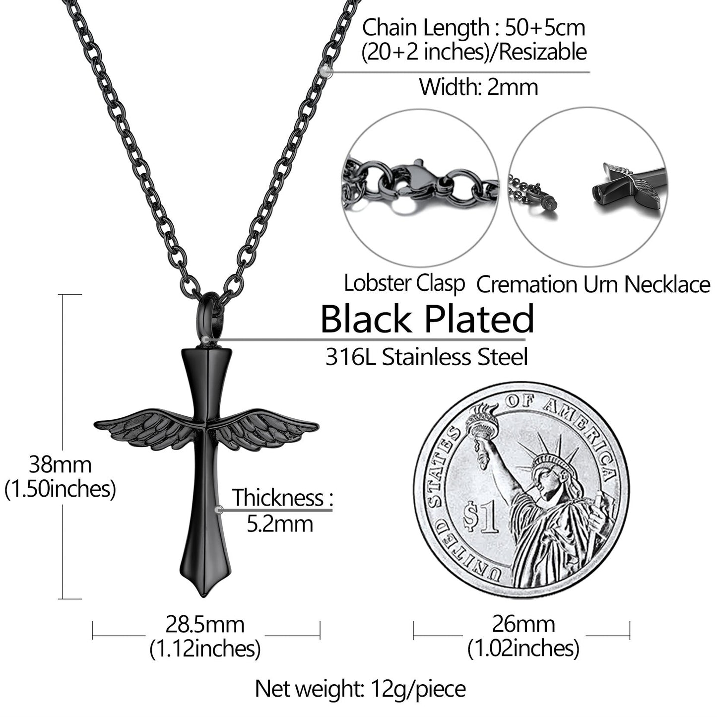 Custom Cremation Wings Cross Urn Ashes Pendant Necklace for