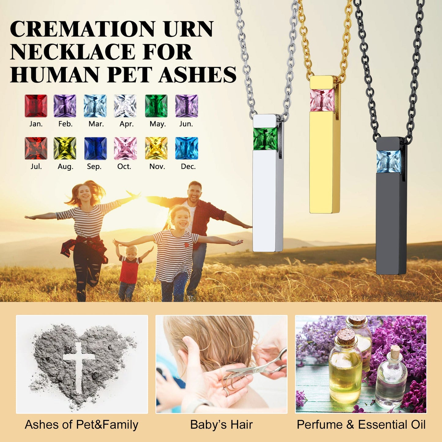 Custom Birthstone Bar Urn Cremation Necklace for Ashes Memorial Keepsakes Pendant