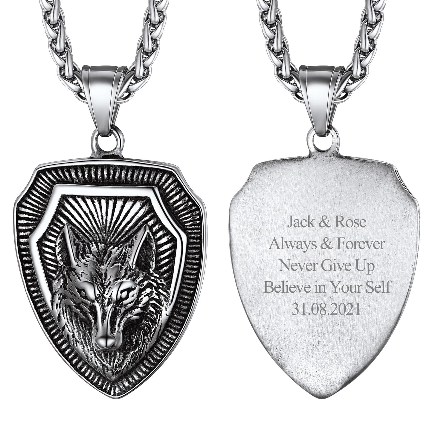 Engraved Viking Nordic Wolf Necklace Amulet Pendant for