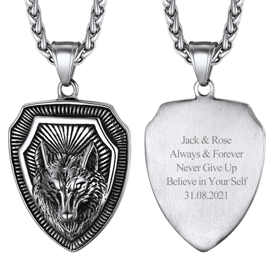 Engraved Viking Nordic Wolf Necklace Amulet Pendant for