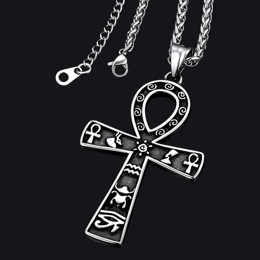 Egyptian Ankh Cross Necklace Pendant With Hieroglyphic for