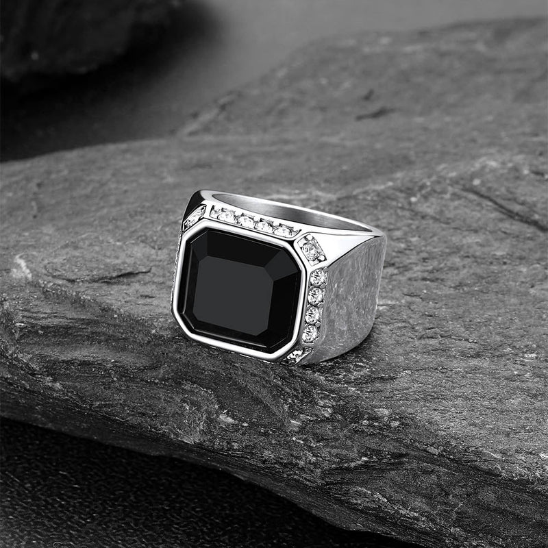 Rhinestones Embrace Black Onyx Stainless Steel Ring