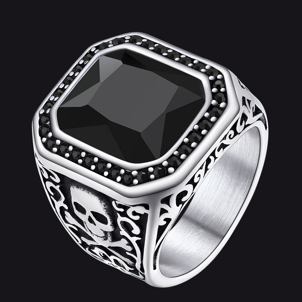Gothic Skull Black Onyx Stone Signet Ring for