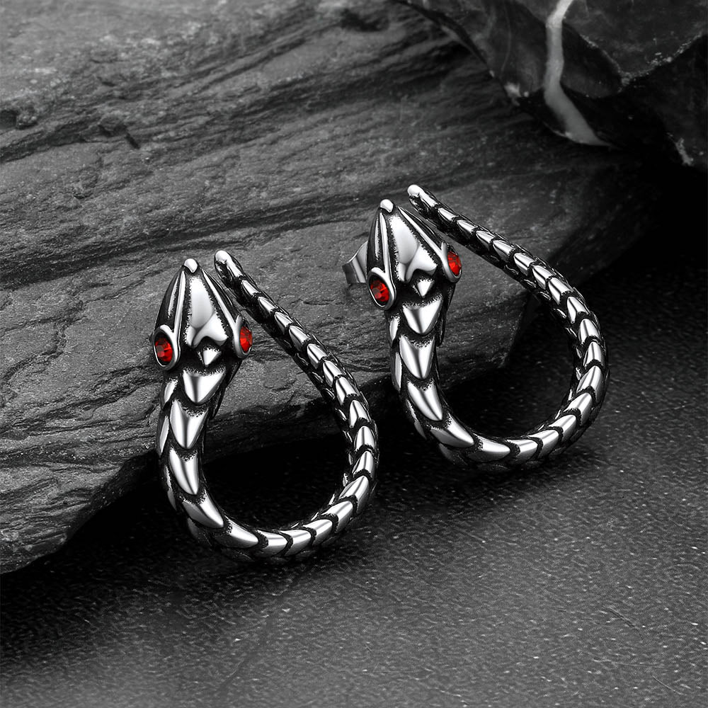 Stainless Steel Red Eye Snake Hoop Earrings for