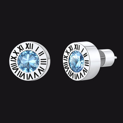 Roman Numerals Birthstone Studs Earrings in Stainless Steel
