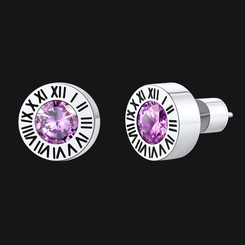 Roman Numerals Birthstone Studs Earrings in Stainless Steel