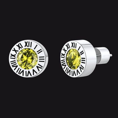 Roman Numerals Birthstone Studs Earrings in Stainless Steel