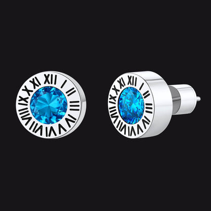 Roman Numerals Birthstone Studs Earrings in Stainless Steel