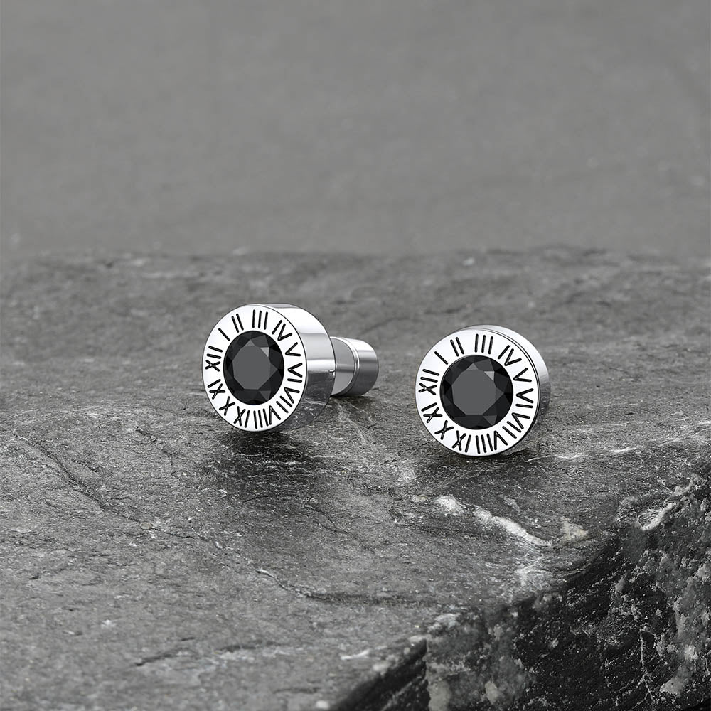 Roman Numerals Birthstone Studs Earrings in Stainless Steel