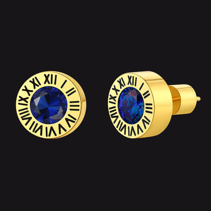 Roman Numerals Birthstone Studs Earrings in Stainless Steel