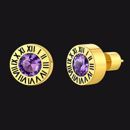 Roman Numerals Birthstone Studs Earrings in Stainless Steel