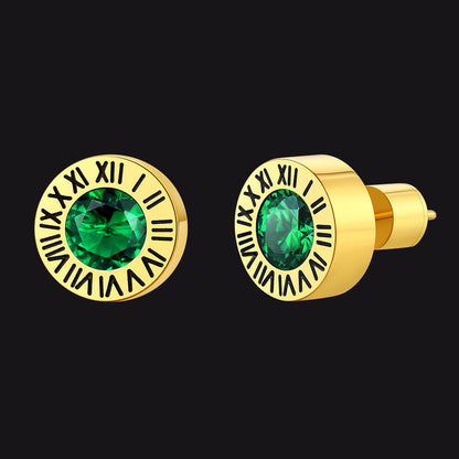 Roman Numerals Birthstone Studs Earrings in Stainless Steel