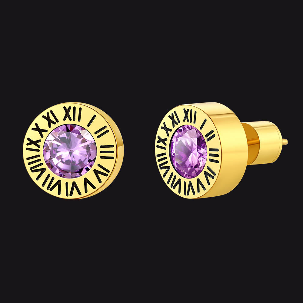 Roman Numerals Birthstone Studs Earrings in Stainless Steel
