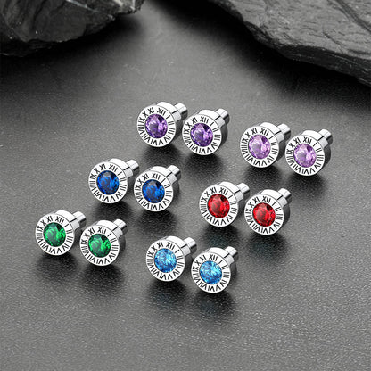 Roman Numerals Birthstone Studs Earrings in Stainless Steel