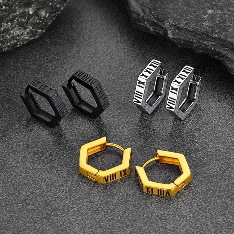 Roman Numerals Hexagon Hoop Earrings for