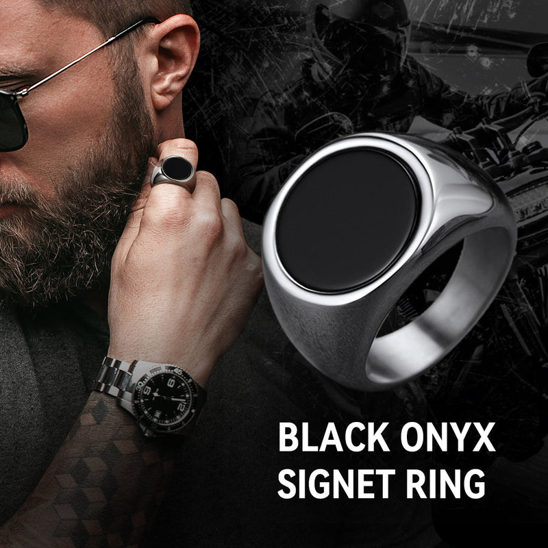 Round Black Onyx Signet Ring for Stainless Steel