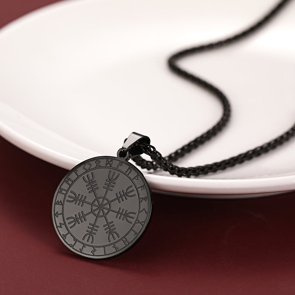 Viking Norse Runes Compass Necklace Amulet Pendant for