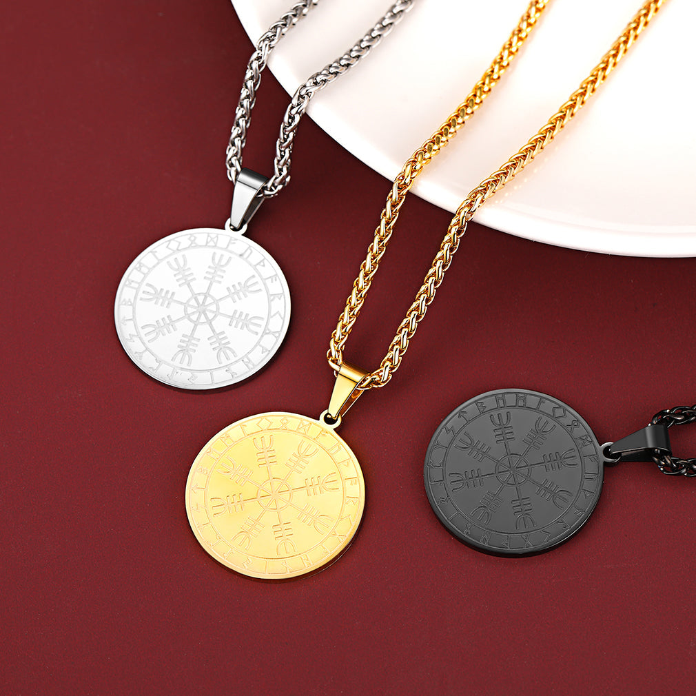 Viking Norse Runes Compass Necklace Amulet Pendant for