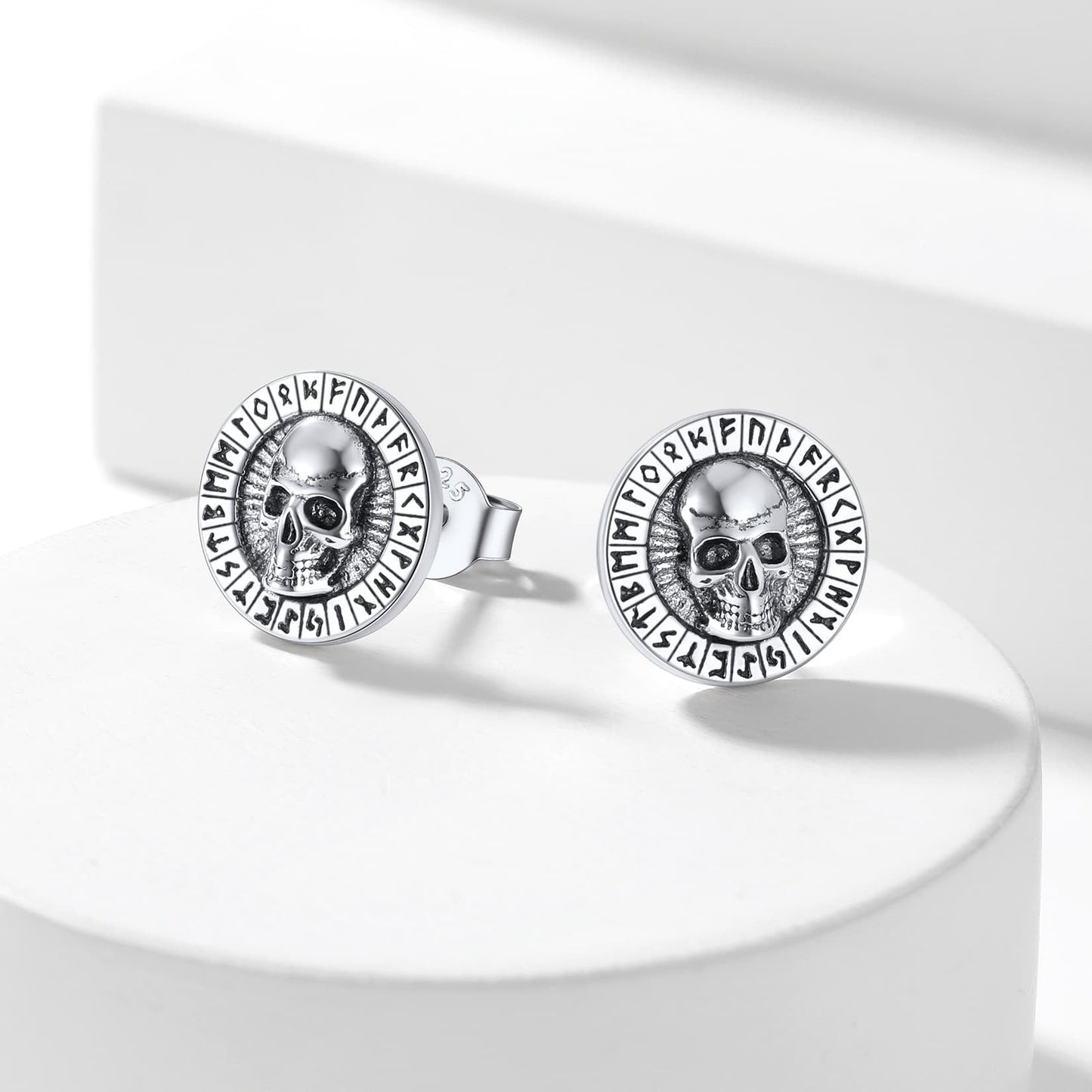 Sterling Silver Runes Skull Earrings Studs for
