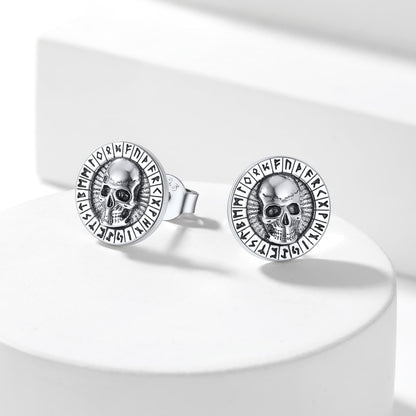 Sterling Silver Runes Skull Earrings Studs for