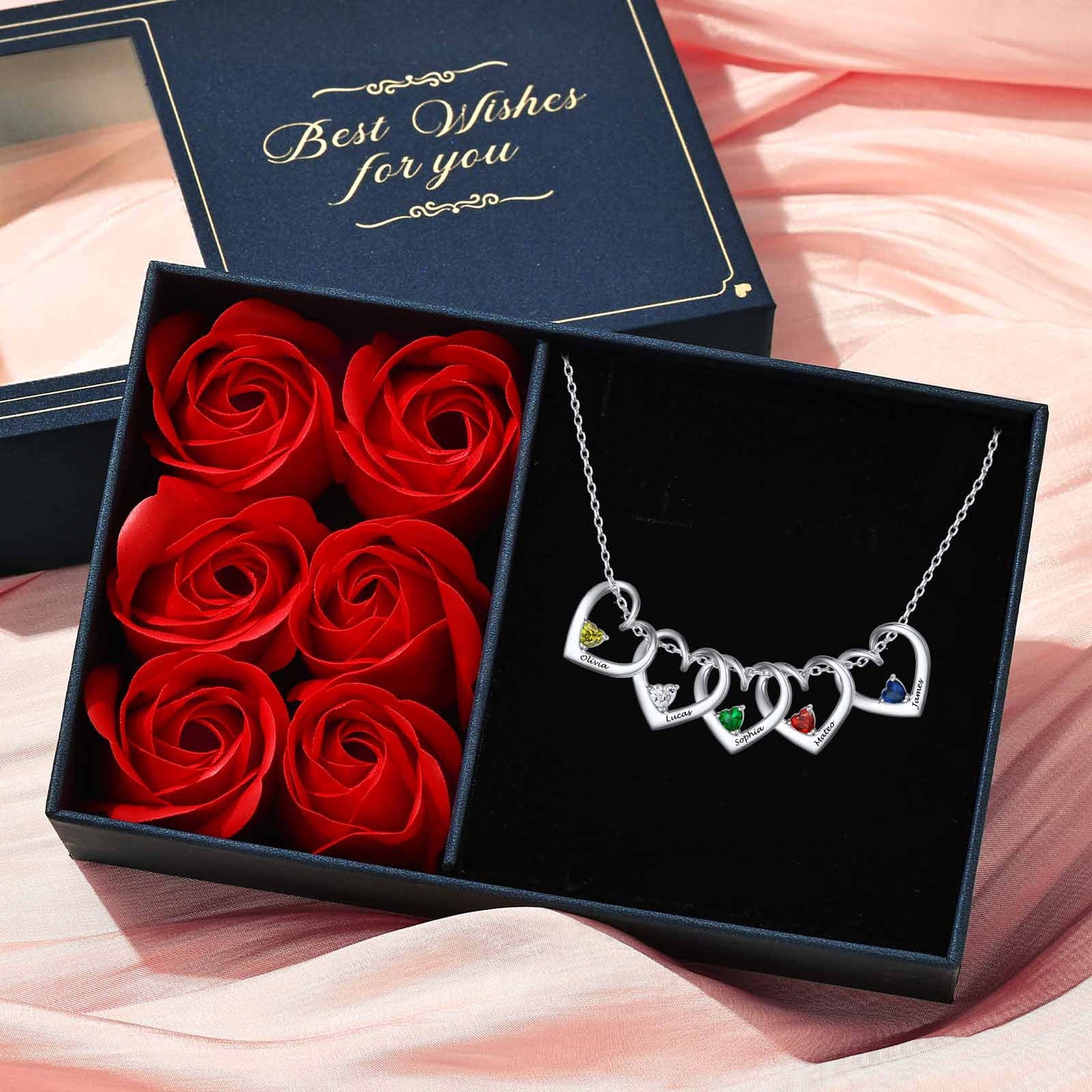 Sterling Silver Personalized 1-5 Hearts Birthstones Necklace for Family