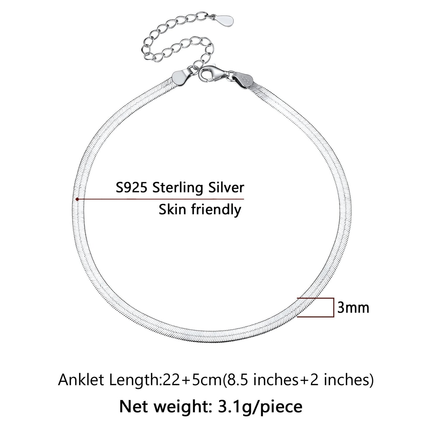 Sterling Silver Flat Snake Chain Anklet Bracelet for