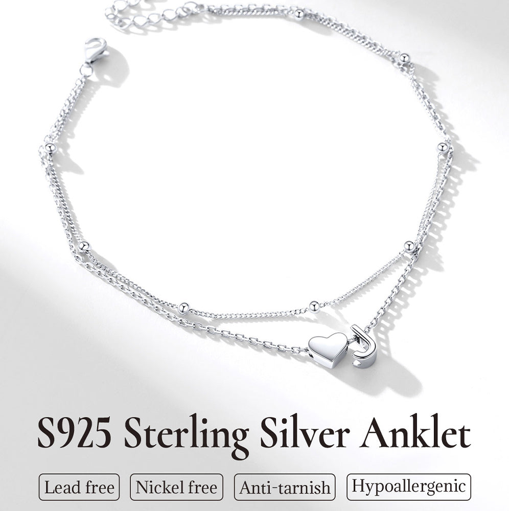 Sterling Silver Initial Heart Layered Anklet for
