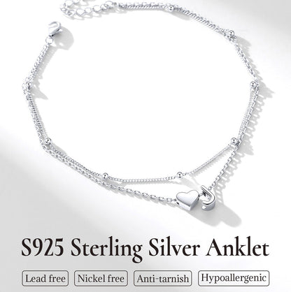Sterling Silver Initial Heart Layered Anklet for