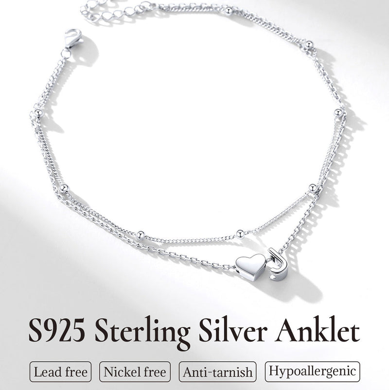 Sterling Silver Initial Heart Layered Anklet for