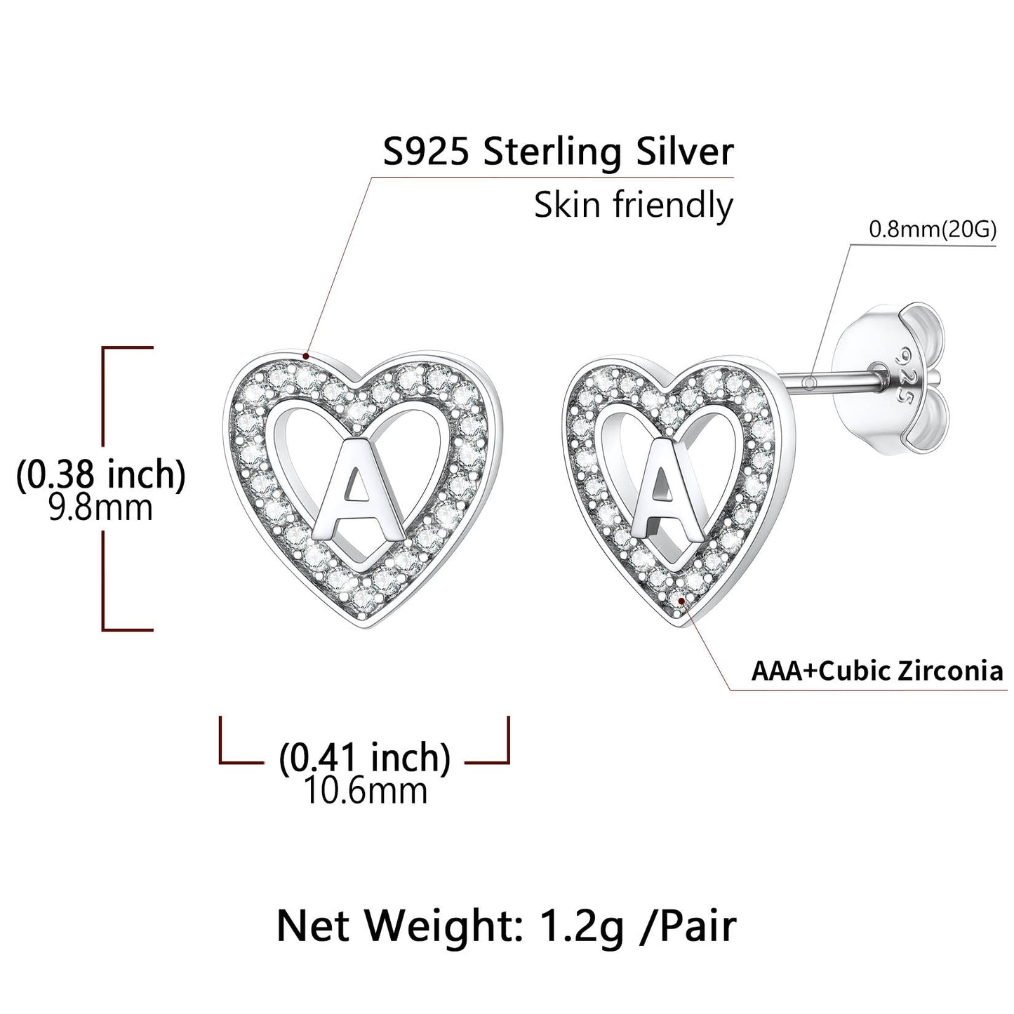 Silver Heart Initial Letter Stud Cubic Zirconia Earrings for Girl
