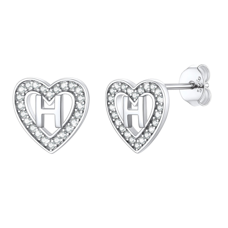 Silver Heart Initial Letter Stud Cubic Zirconia Earrings for Girl