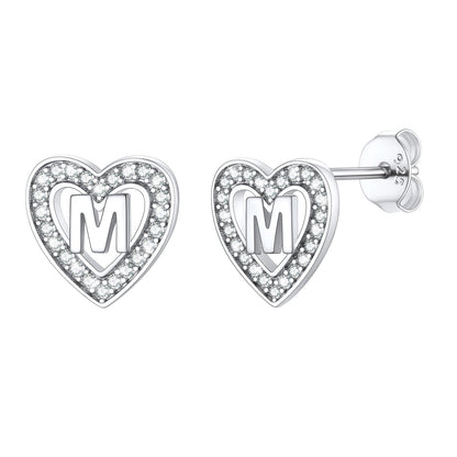 Silver Heart Initial Letter Stud Cubic Zirconia Earrings for Girl