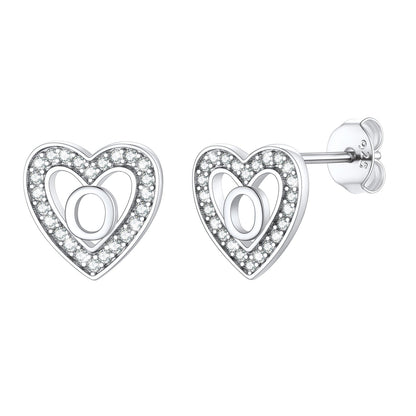Silver Heart Initial Letter Stud Cubic Zirconia Earrings for Girl
