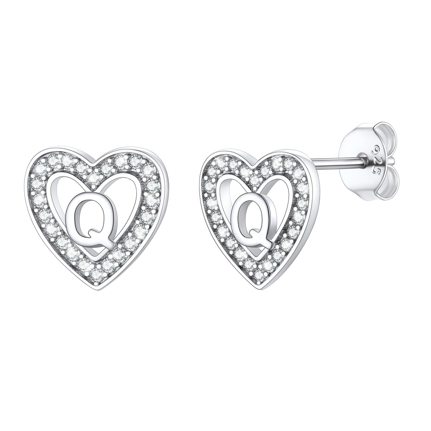 Silver Heart Initial Letter Stud Cubic Zirconia Earrings for Girl
