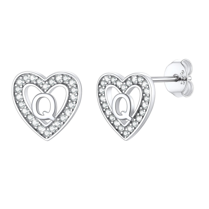 Silver Heart Initial Letter Stud Cubic Zirconia Earrings for Girl