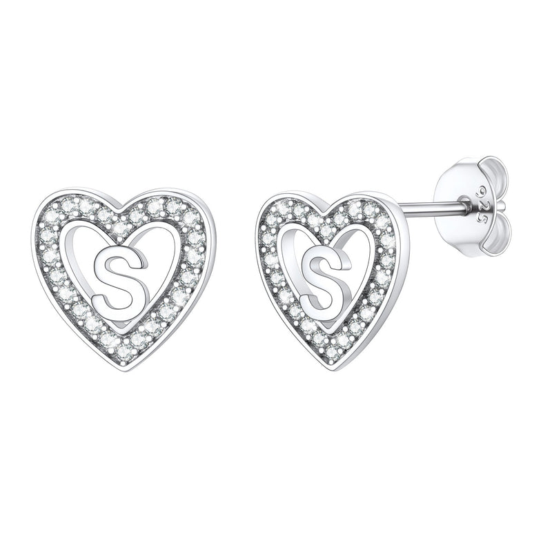 Silver Heart Initial Letter Stud Cubic Zirconia Earrings for Girl