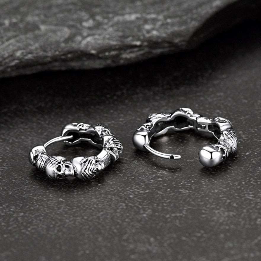 Sterling Silver Skulls Hoop Huugie Earrings for