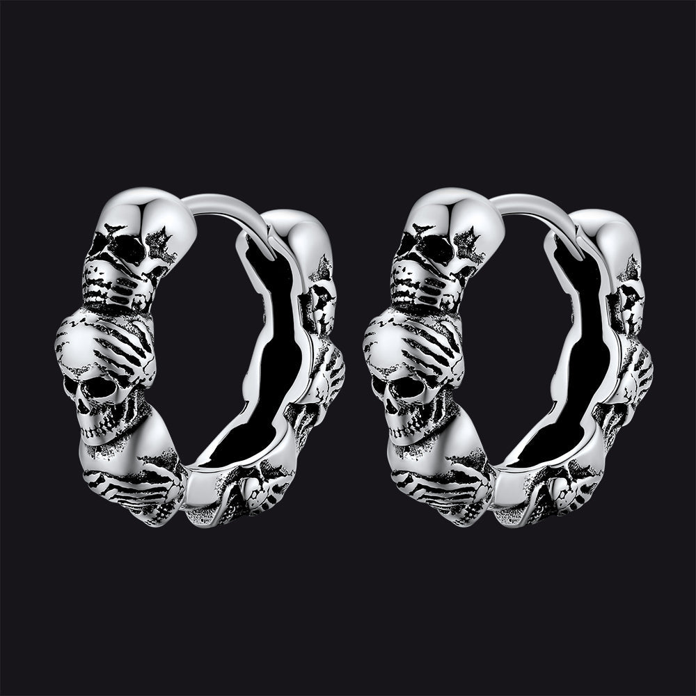Sterling Silver Skulls Hoop Huugie Earrings for