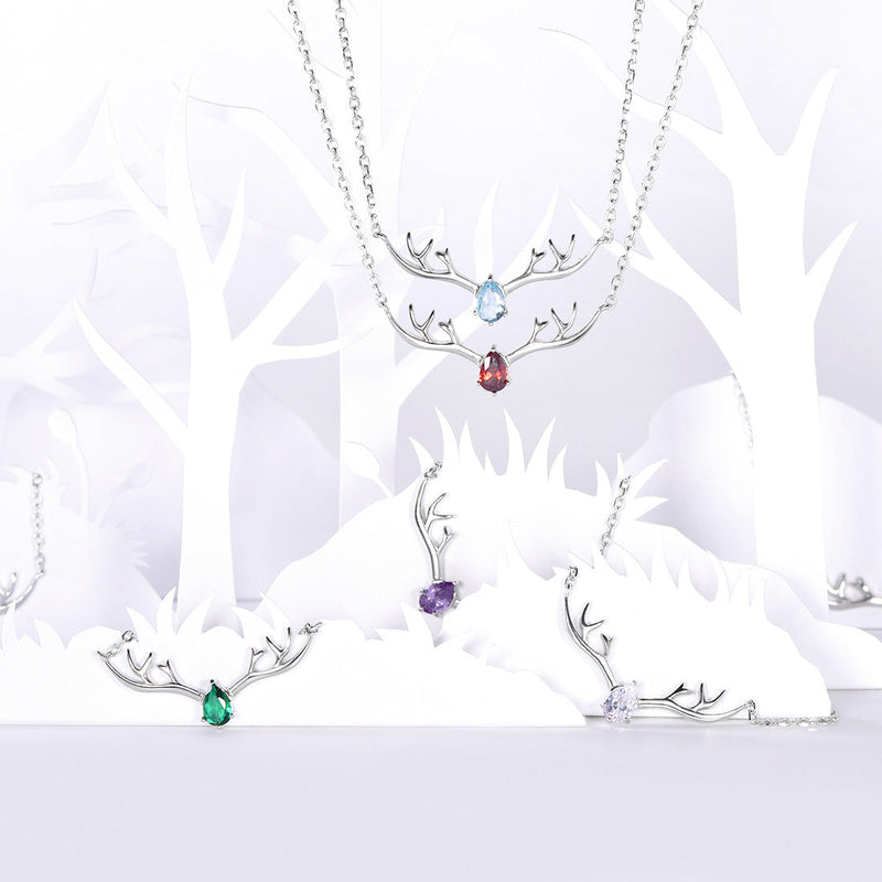 925 Sterling Silver Birthstone Deer Antler Necklace for