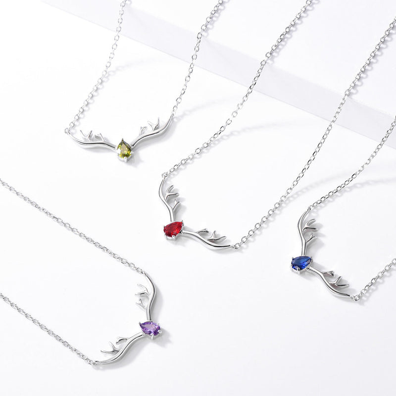 925 Sterling Silver Birthstone Deer Antler Necklace for