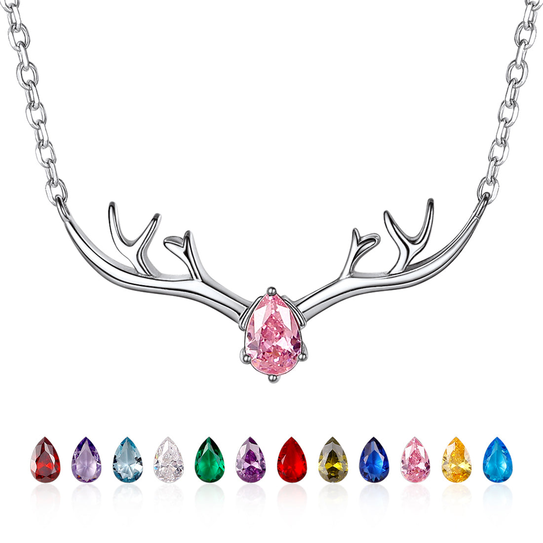 925 Sterling Silver Birthstone Deer Antler Necklace for